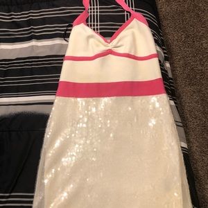 Banded pink and white sequin BeBe dress.
